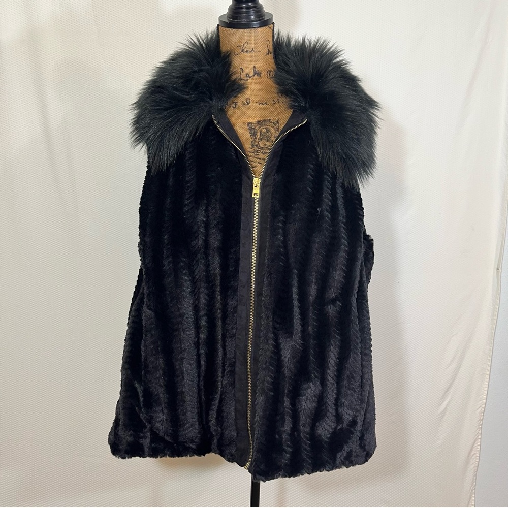 Women's Black Faux Fur Zip-Front Coat with Fur Collar Marc New York 2x NWT